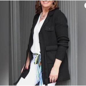 Cabi Jackie Knit Button Up Cardigan Womens Large Black Belted Notched Collar